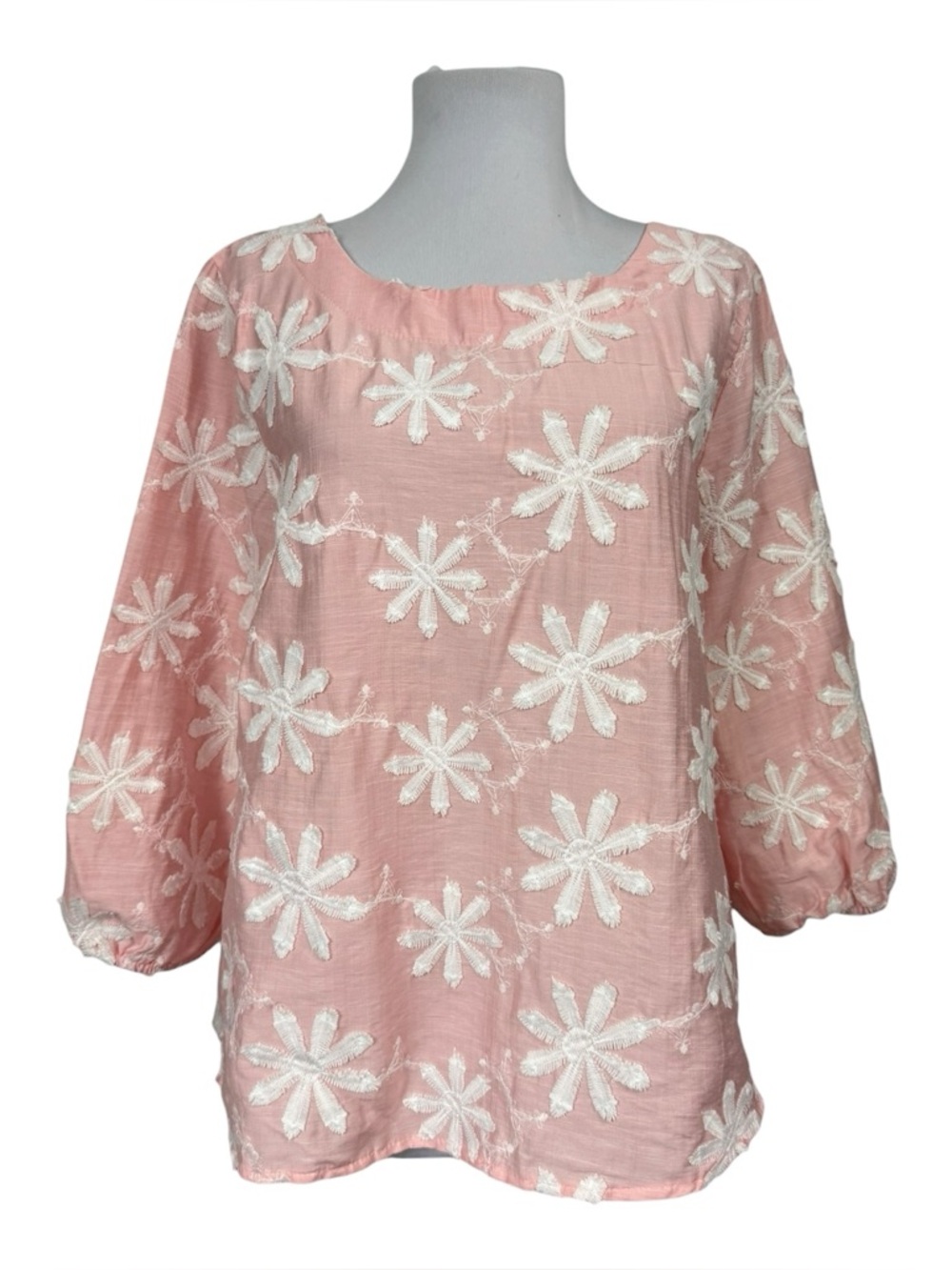 Ana & Rose NEW Women's Petite XL XLP Boho Top Pink White Embroidered 3/4 Sleeves